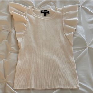 Express White Ribbed Crewneck Top with Flutter Sleeve Detail